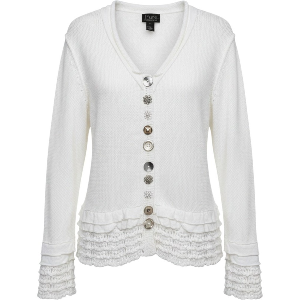 Pure Handknit White Cotton Cardigan Eclectic Buttons Ruffle Crochet Trim M/L